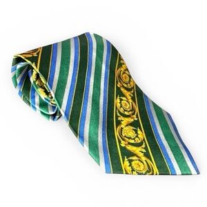 Authentic VERSACE 100% Silk Gold Blue & Green Scroll Stripe Men’s Neck Tie